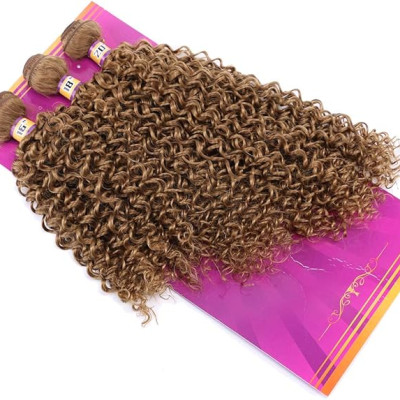 REYNA Jerry Curly Synthetic Hair Weave Extensions 16 18 20 Inches 3 Bundles Godlen Color High Temperature Heat Resistant Fiber(27#)