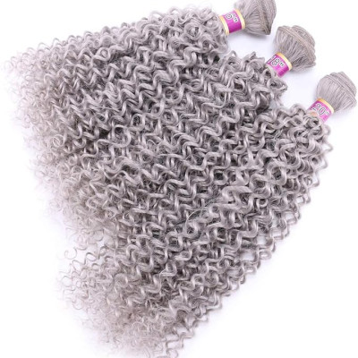 REYNA Silver gray Afro Curly Synthetic Hair Bundles 3 pieces One set Heat Resistant Fiber Hair Weave Extensions for Black Women(Grey#)
