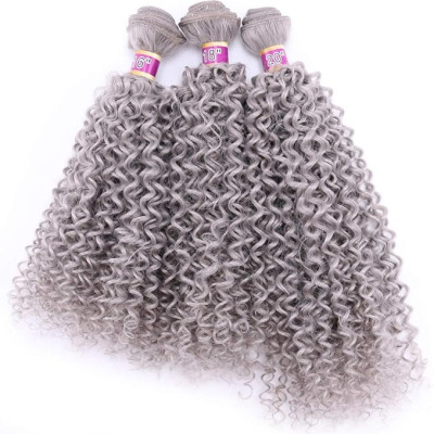 REYNA Silver gray Afro Curly Synthetic Hair Bundles 3 pieces One set Heat Resistant Fiber Hair Weave Extensions for Black Women(Grey#)