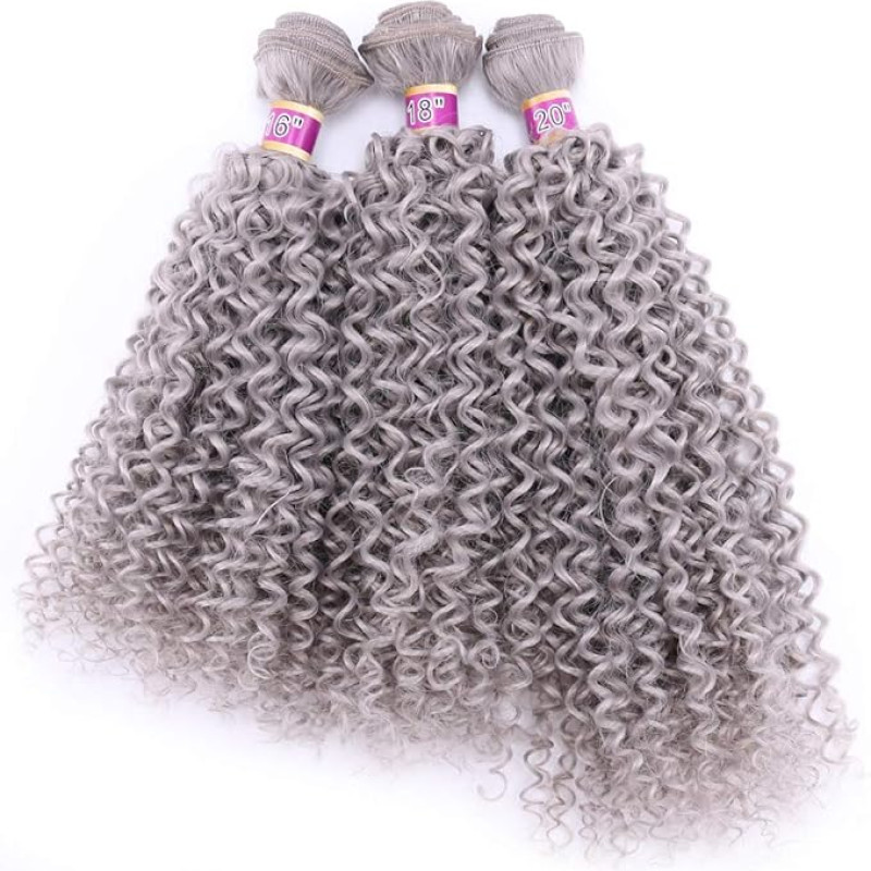 REYNA Silver gray Afro Curly Synthetic Hair Bundles 3 pieces One set Heat Resistant Fiber Hair Weave Extensions for Black Women(Grey#)